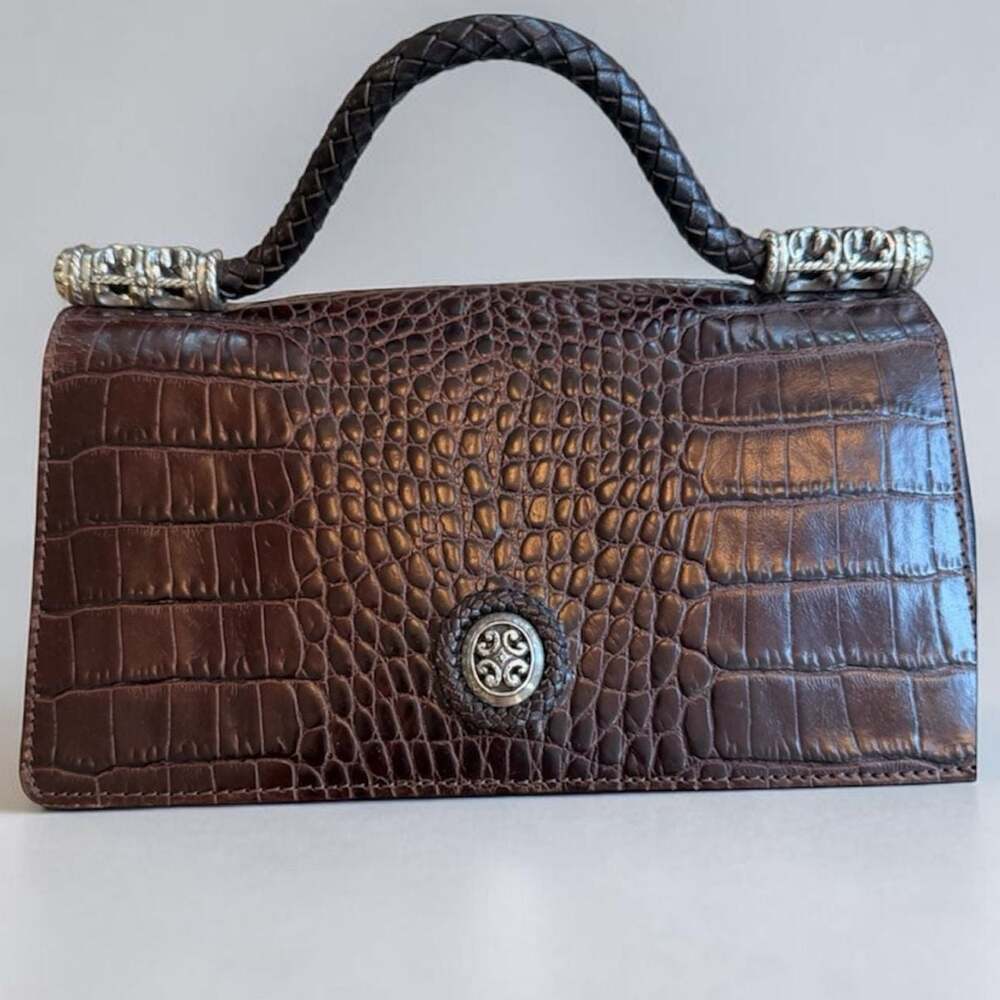 Brighton Brown Croco Embossed Leather Top Handle Organizer Bag 8.5"